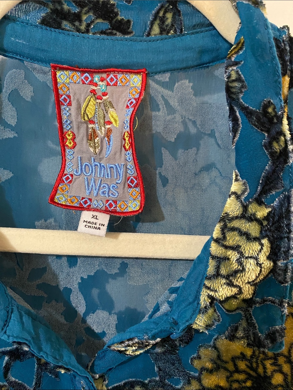 Johnny Was Teal Blue Floral Sheer Button-Up Blouse - Picture 2 of 9